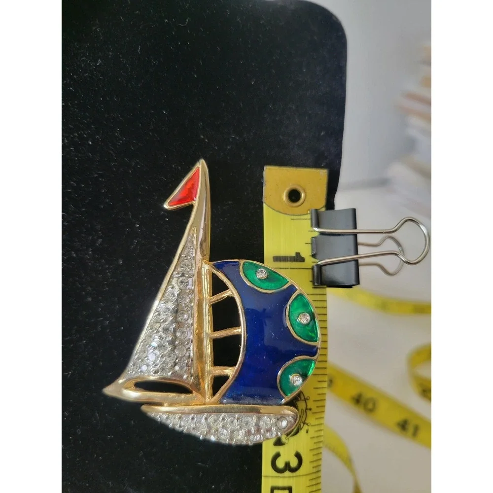 Vintage Style Sailboat Brooch Pin Gold Tone Clear Rhinestones Blue Green Enamel